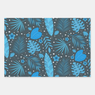 Blue and Turquoise Tropical Palm Monstera Leaves Wrapping Paper Sheet