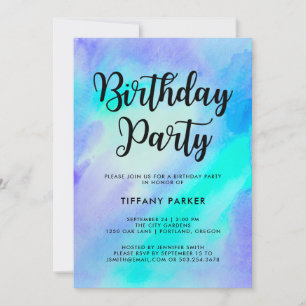Blue and Turquoise Watercolor Birthday Party Invitation