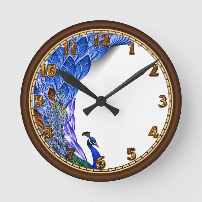 Blue and turquoise watercolor peacock round clock (Front)