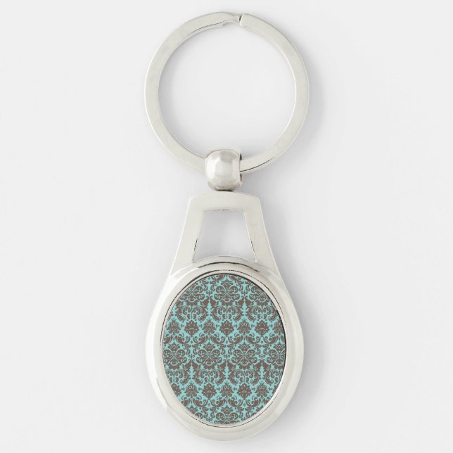 Blue and Umber Elegant Damask Pattern Keychain (Front)