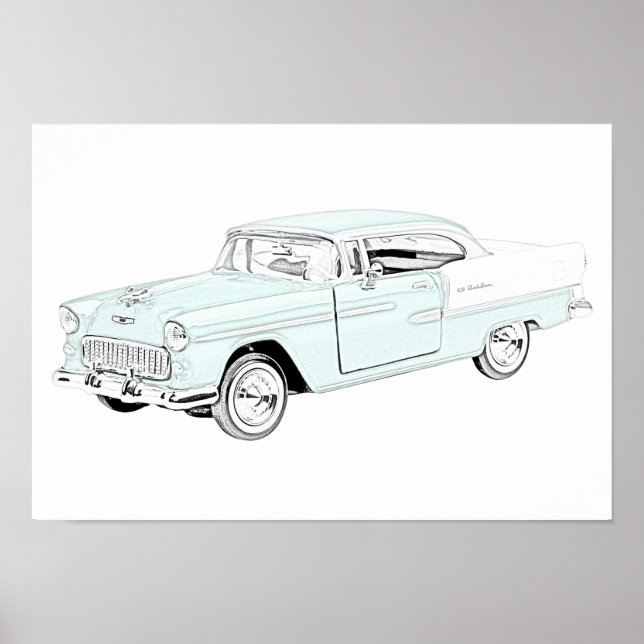Blue and White 1955 Chevy Bel Air Drawing Poster (Front)