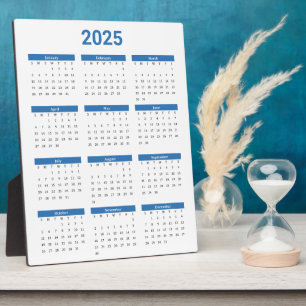 Blue and White 2025 Year At A Glance Calendar Plaque