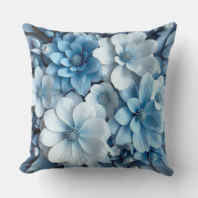 Blue and white 3d flowers throw pillow (Front)