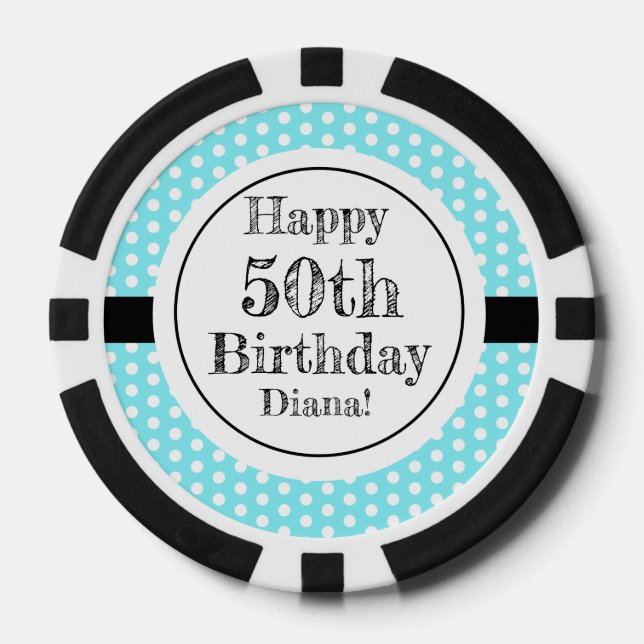 Blue And White 50th Birthday Polka Dots Poker Chips (Front)