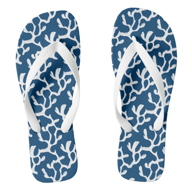 Blue And White Abstract Coral Repeating Pattern Flip Flops (Footbed)