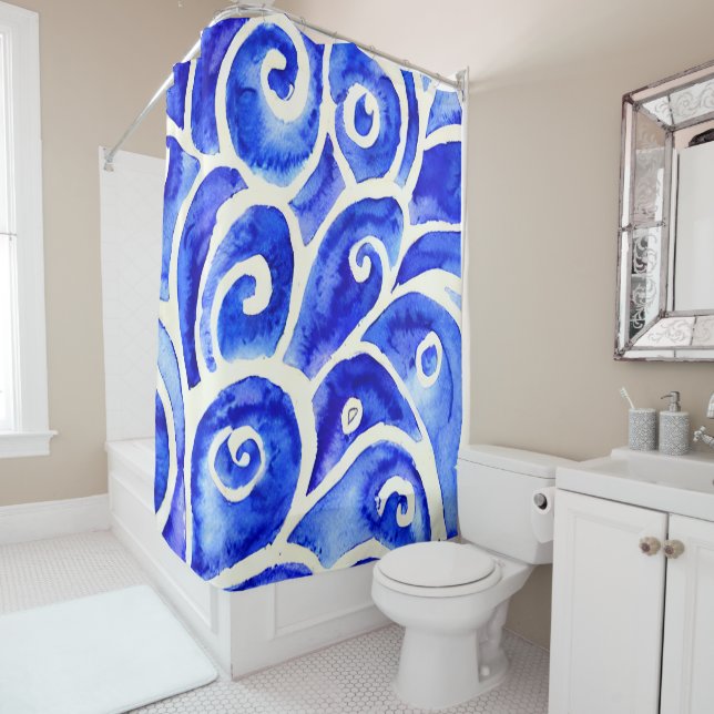 Blue and White Abstract Curly Design Pattern (In Situ)