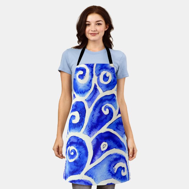 Blue and White Abstract Curly Design Pattern Apron (Worn)