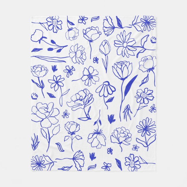 Blue and White Abstract Floral Botanical Ink Art P Fleece Blanket (Front)