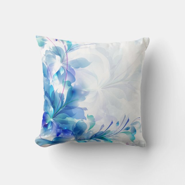 Blue And White Abstract Floral Design Throw Pillow (Front)
