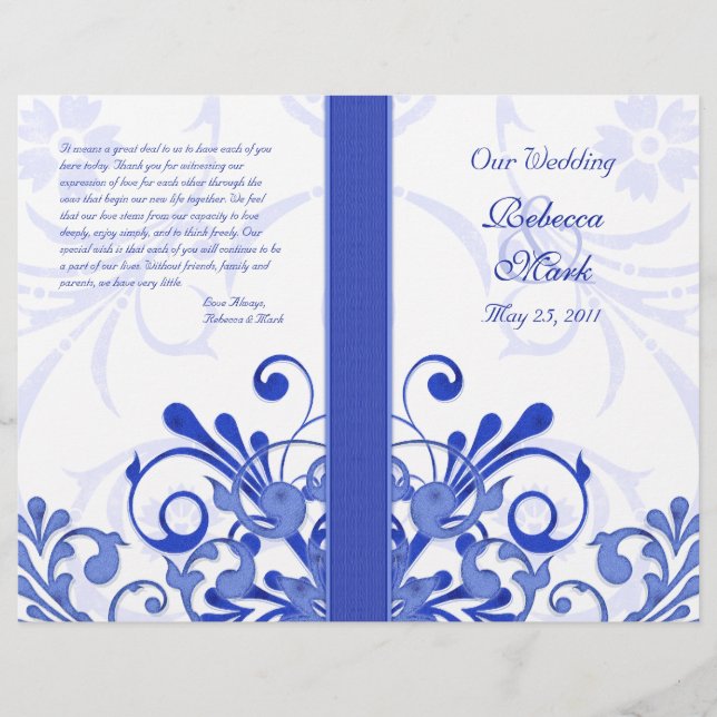 Blue and White Abstract Floral Wedding Program (Front)