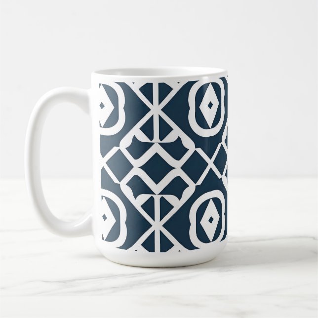 Blue and White Abstract Geometric Pattern Coffee Mug (Left)