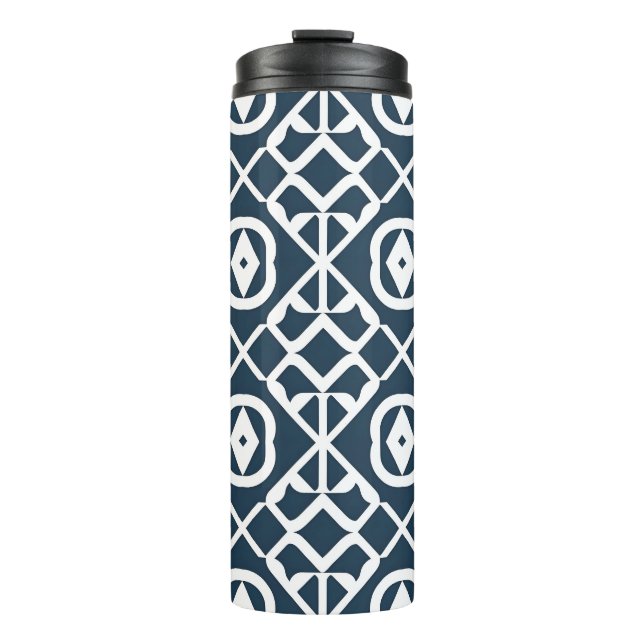 Blue and White Abstract Geometric Pattern Thermal Tumbler (Front)