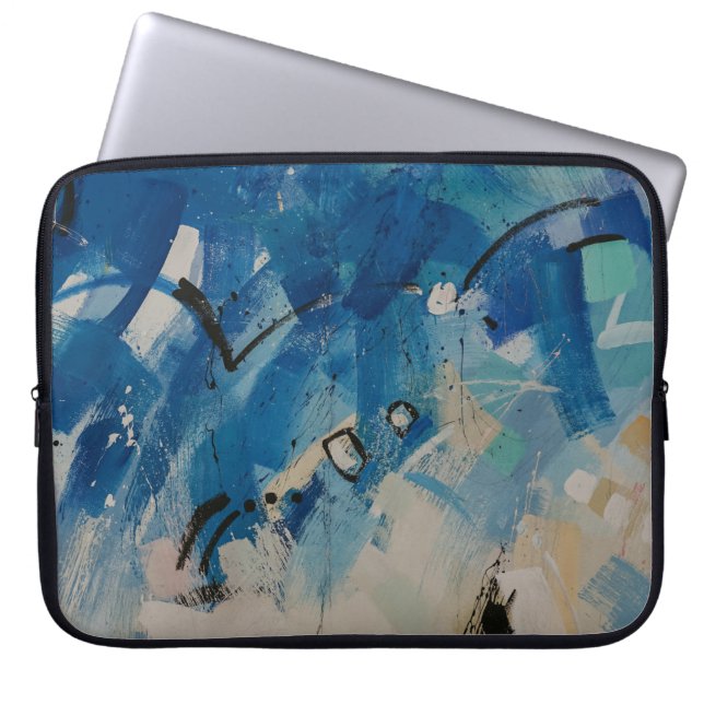 Blue and white abstract painting laptop sleeve (Front)