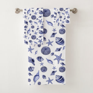 Blue and white allover seashells bath towel set