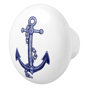 Blue and white anchor ceramic knob