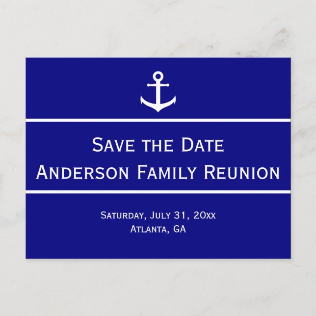 Blue and White Anchor Family Reunion Save the Date Announcement Postcard (Front)