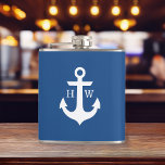 Blue and White Anchor Monogram Hip Flask<br><div class="desc">Modern and trendy nautical design.</div>
