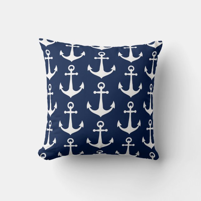 Blue and White Anchor Pattern Nautical Boat Pool Throw Pillow (Front)