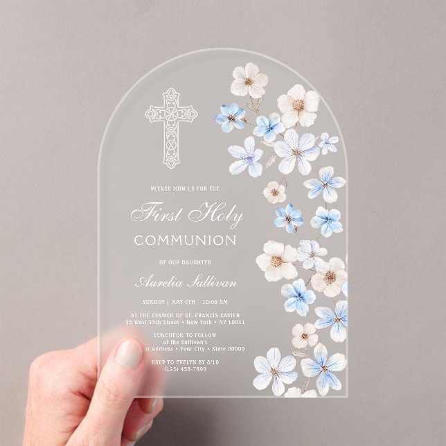 Blue and White Anemones Arch First Communion Acrylic Invitations (Insitu (Handheld))