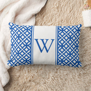 Blue and White Arabic Trellis Monogram Lumbar Pillow