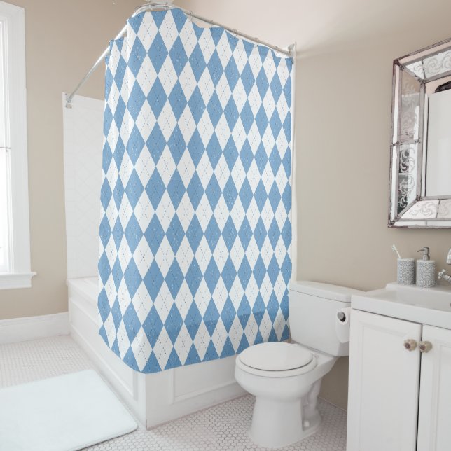 Blue and White Argyle Diamond Geometric Pattern (In Situ)