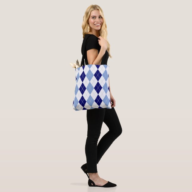 Blue and White Argyle Tote Bag (On Model)