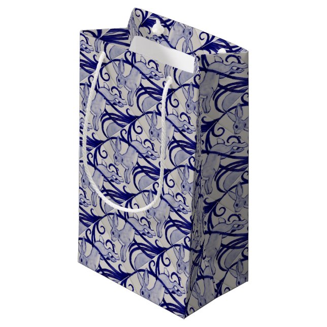 Blue and White Art Deco Rabbit Tile Gift Wrapping Small Gift Bag (Front Angled)