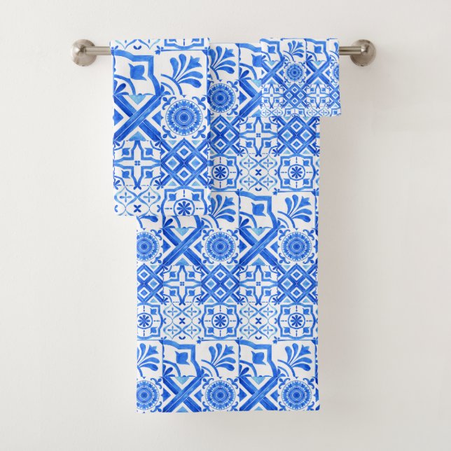 Blue and White Azulejo Spanish Azul Pattern  Bath Towel Set (Insitu)