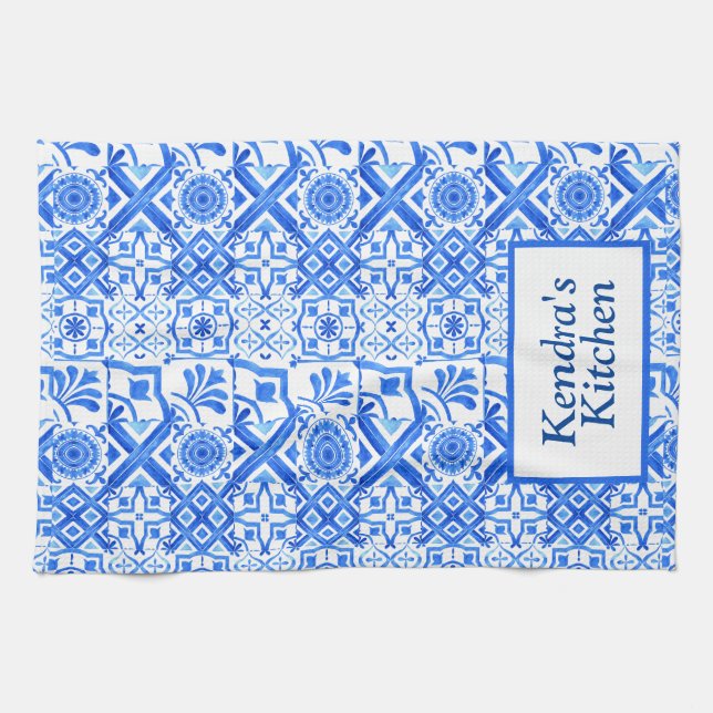 Blue and White Azulejo Spanish Azul Pattern  Kitchen Towel (Horizontal)