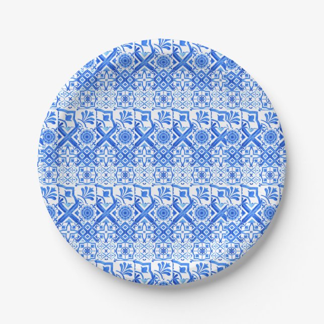 Blue and White Azulejo Spanish Azul Pattern Paper Plate (Front)