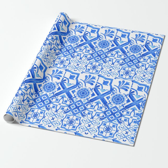 Blue and White Azulejo Spanish Azul Pattern Wrapping Paper (Unrolled)