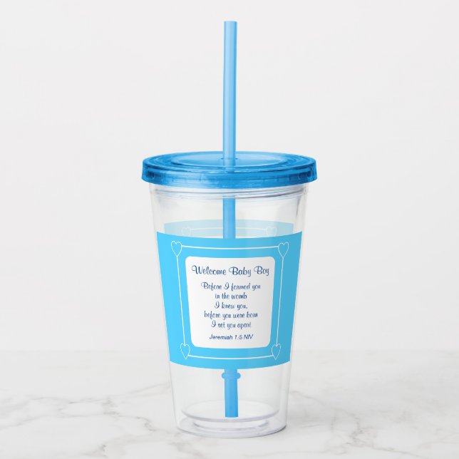 Blue and White Baby Boy Shower Party Bible Verse Acrylic Tumbler (Front)