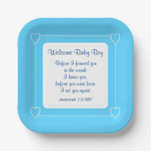 Blue and White Baby Boy Shower Party Bible Verse Paper Plate