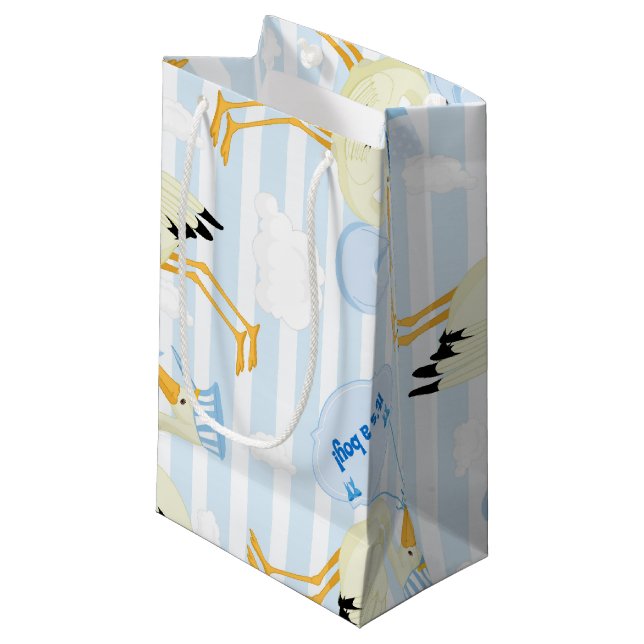 Blue and White Baby boy stork Small Gift Bag (Front Angled)