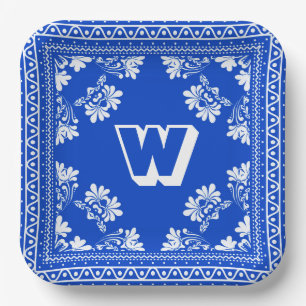 Blue and White Bandana Design With Monogram Paper Plate