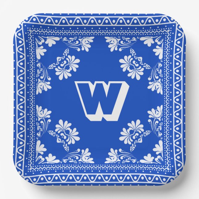 Blue and White Bandana Design With Monogram Paper Plate (Front)