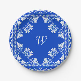 Blue and White Bandana With Monogram Paper Plate