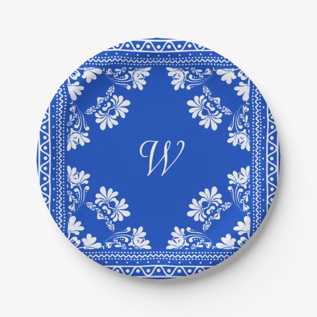 Blue and White Bandana With Monogram Paper Plate (Front)