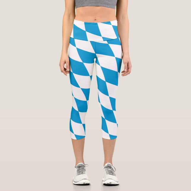 Blue and White Bavaria Diamond Flag Pattern Capri Leggings (Front)