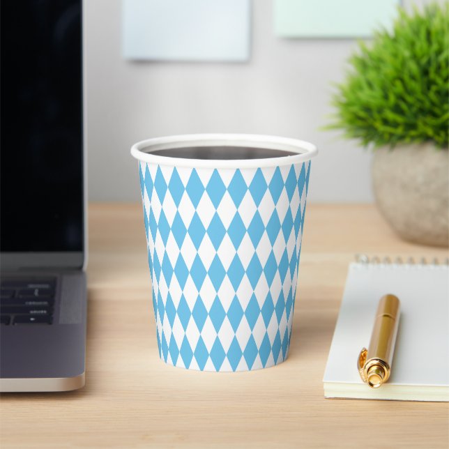 Blue and White Bavaria Rhombus Flag Pattern Paper Cups (Insitu)