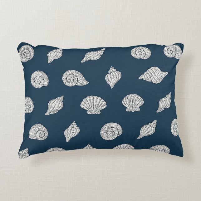 Blue and White Beach Coastal Shells Accent Pillow (Front)