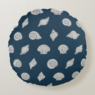 Blue and White Beach Coastal Shells Round Pillow