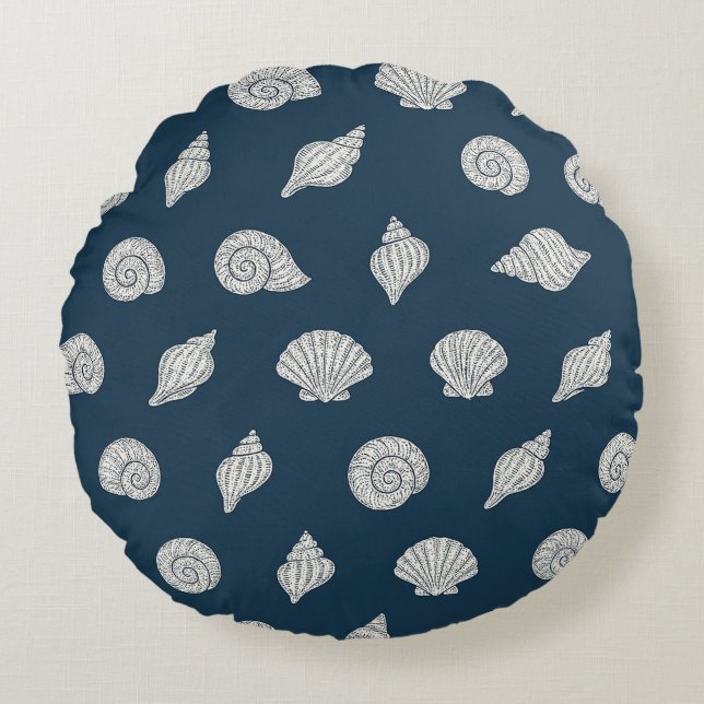 Blue and White Beach Coastal Shells Round Pillow (Front)