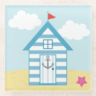 Blue and White Beach Hut Glass Coaster