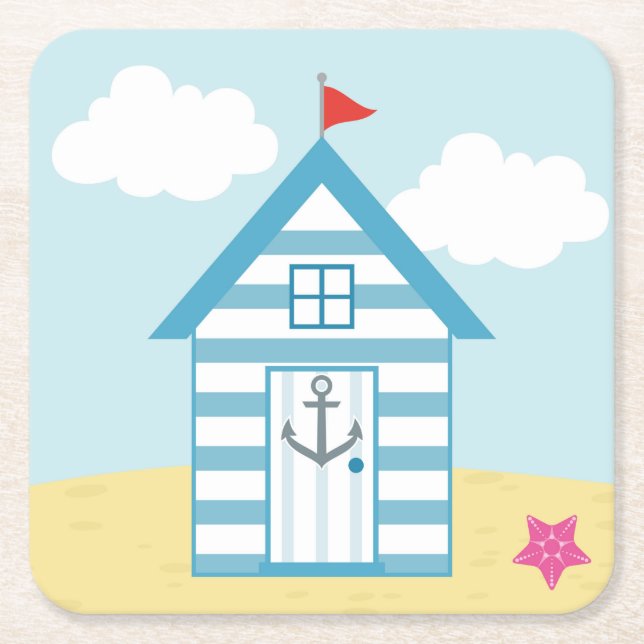 Blue and White Beach Hut Square Paper Coaster (Front)