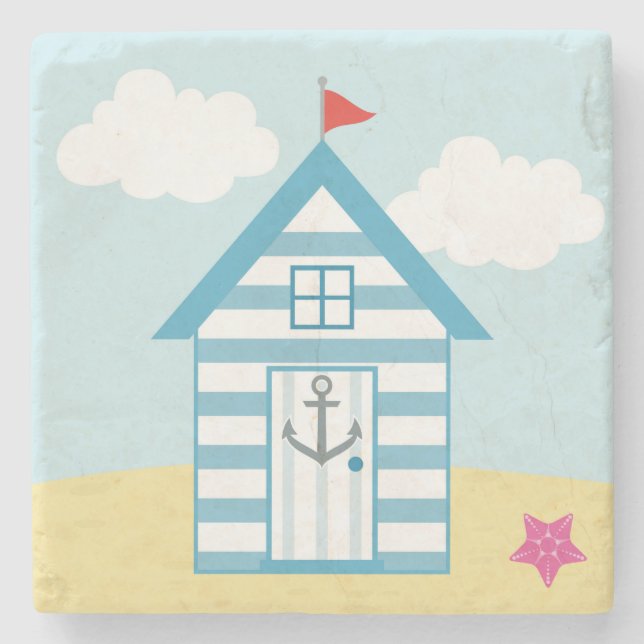 Blue and White Beach Hut Stone Coaster (Front)