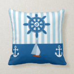 Blue and White Beach Nautical Monogram Throw Pillow<br><div class="desc">Ahoy! A fun blue and white design that will brighten any room. A marine or beach theme in traditional  blue and white stripes with anchors and a sail boat . You can even put your own  initial on the design to personalize your design or leave it blank.</div>