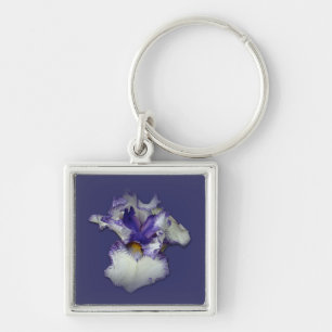 Blue and White Bearded Iris Flower Keychain