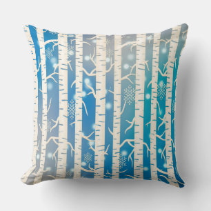 Blue and White Birch Trees and Snowflakes Throw Pillow