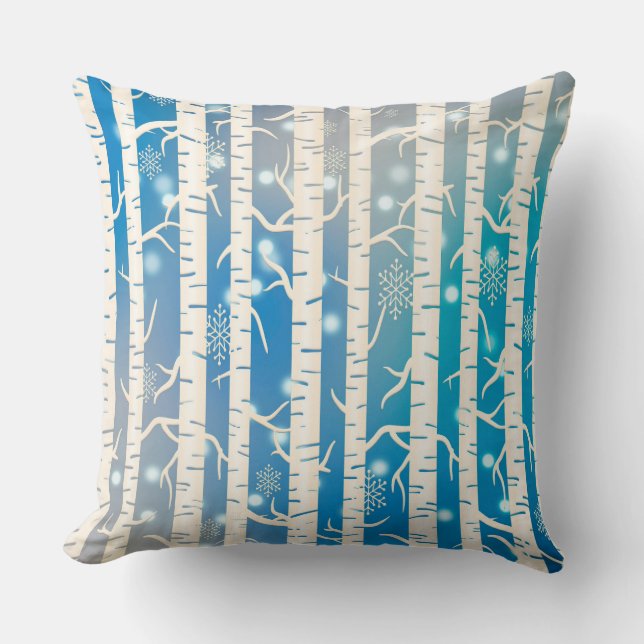 Blue and White Birch Trees and Snowflakes Throw Pillow (Front)